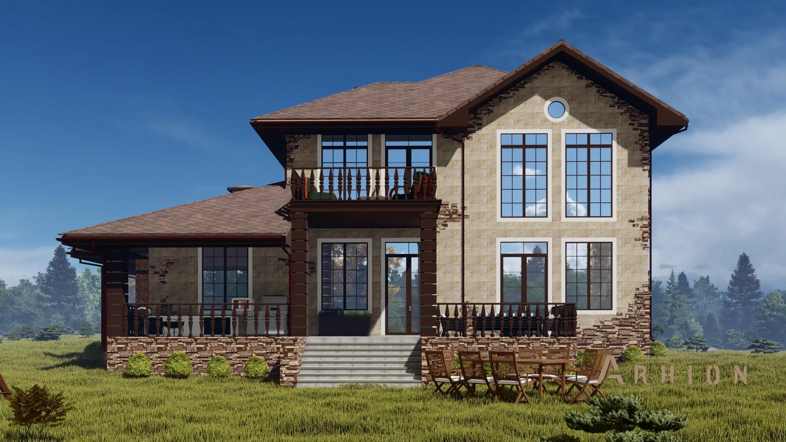 2. Проект двухэтажного дома в европейском стиле с многоскатной кровлей, h-1613, площадью - 642 кв c цокольным этажом, сауной, терассой, балконом, гаражом